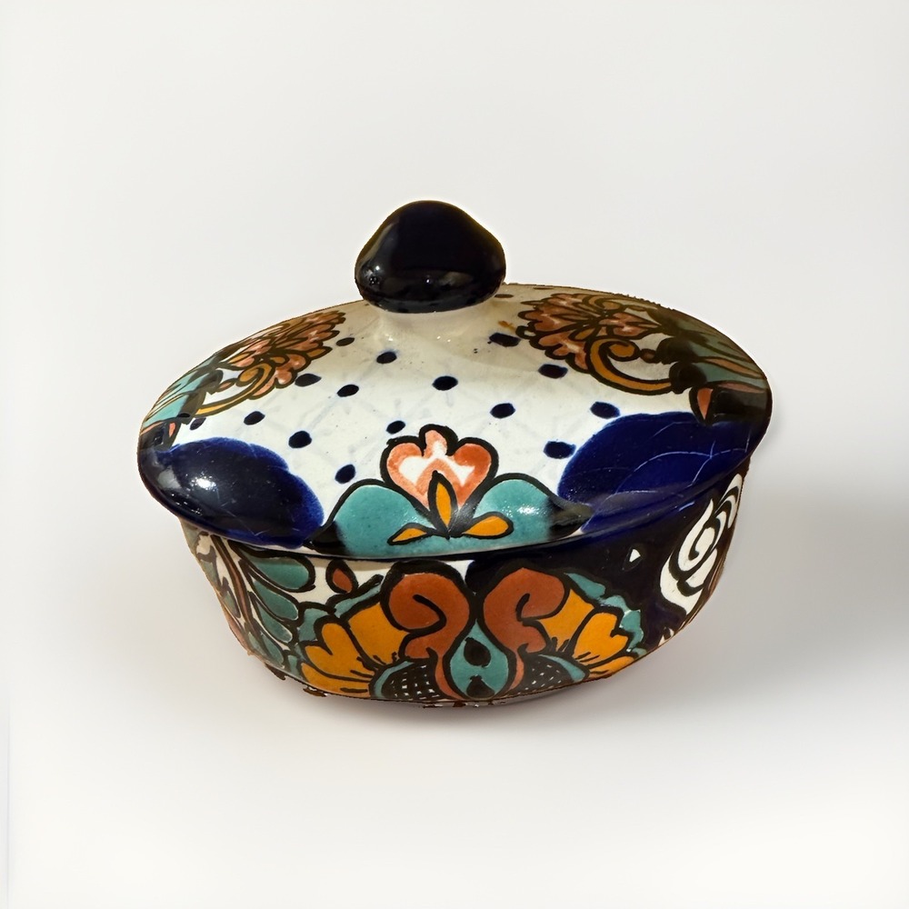 Vintage Mexican Pottery Fall Colors Ceramic Dish w/ Lid Boho 6in Diameter